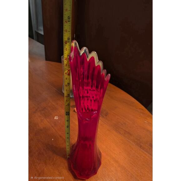 L.E. Smith Amberina Swung Vase Flame Edge Thick Faceted Base 18" MCM - M - Picture 3 of 5